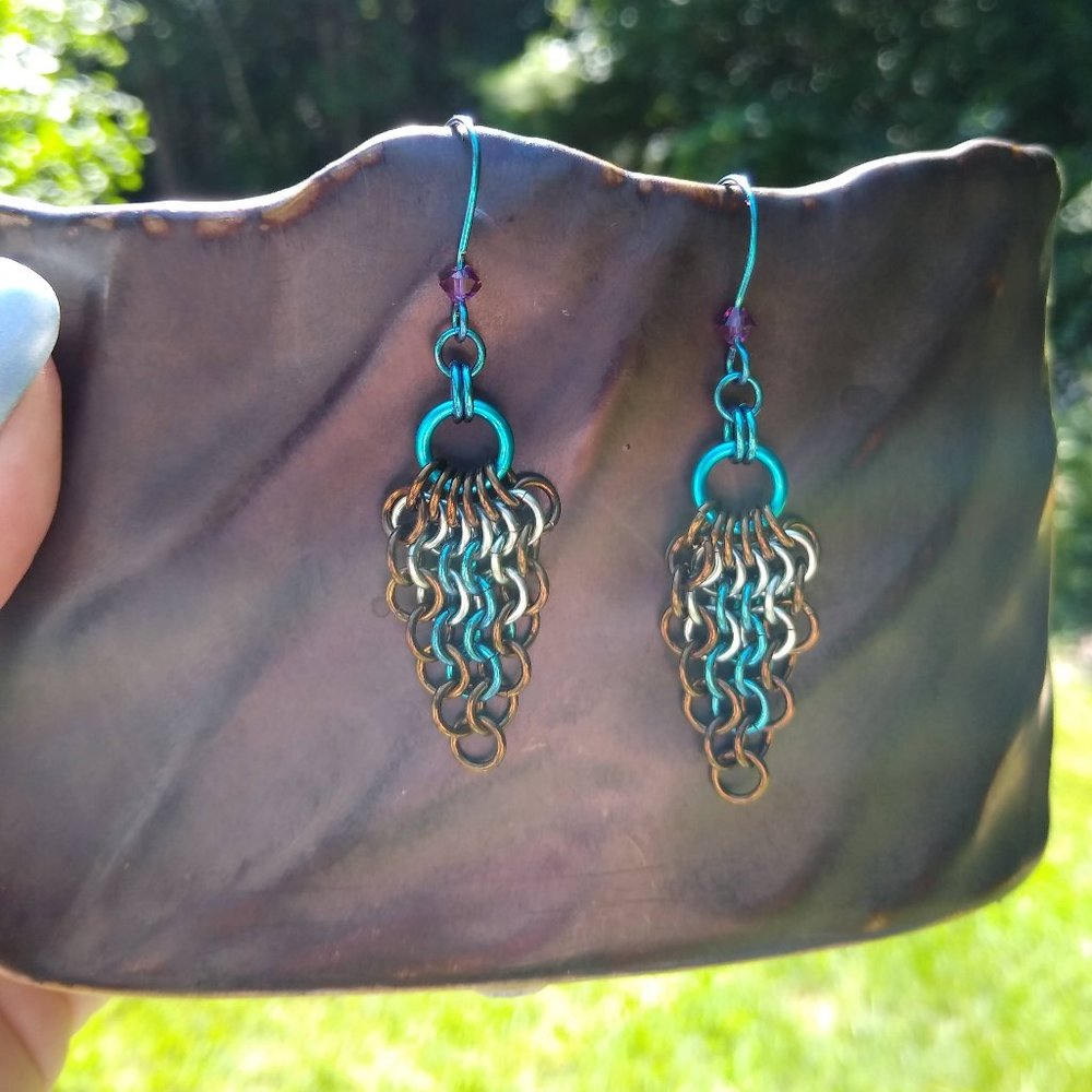 NWOT Earrings!  Topaz, Blue, Teal, Enameled Copper, & Niobium Rings, 2.5"